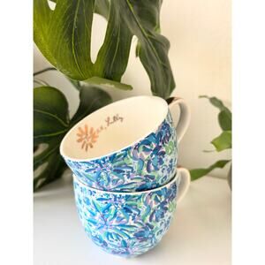 Set 2 Lily Pulitzer Mugs Cups 12 Oz. Blue Paisley Gold Detailing Signature